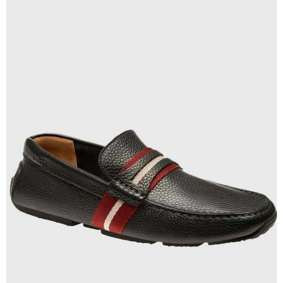 BALLY PIETRO BLACK GRAINED LEATHER WEB LOGO PENNY LOAFERS EEE US